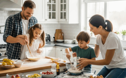 Parents et enfants en train de cuisiner