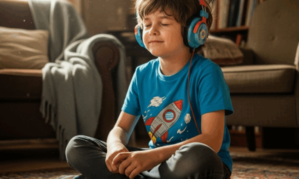 Un enfant écoutant des histoires audio