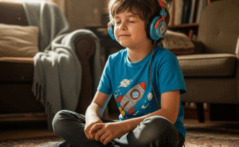 Un enfant écoutant des histoires audio