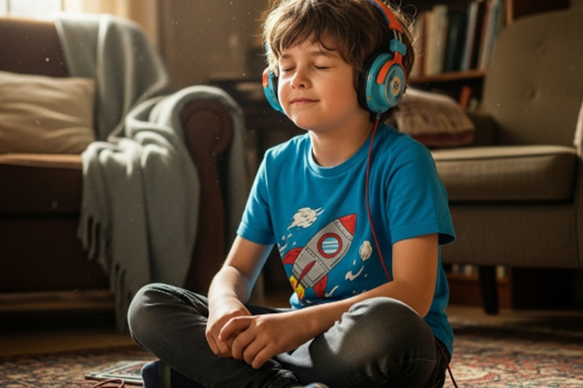 Un enfant écoutant des histoires audio via des podcasts