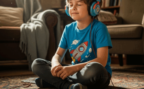 Un enfant en train d'écoiter des histoires audio avec un casque