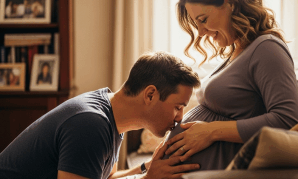 Un homme embrassant le ventre de sa femme enceinte
