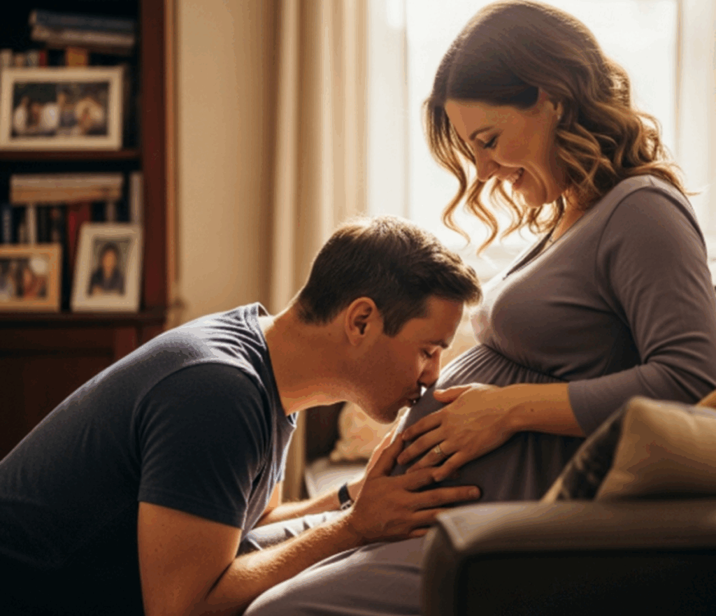 Un homme embrassant le ventre de sa femme enceinte
