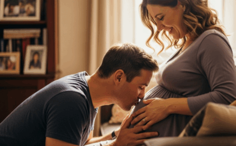 Un homme embrassant le ventre de sa femme enceinte