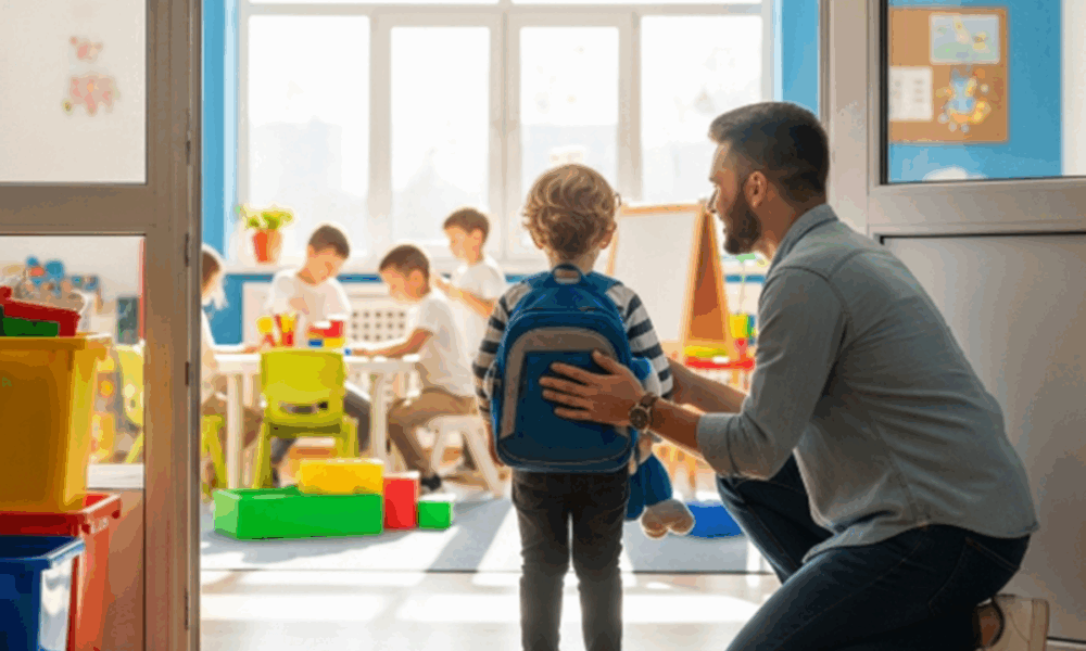 Un papa déposant son enfant à la maternelle