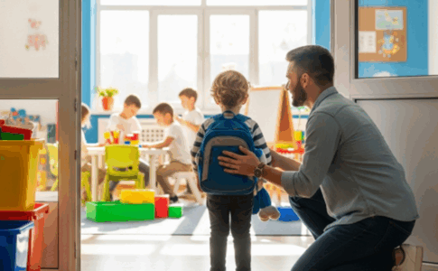 Un papa déposant son enfant à la maternelle