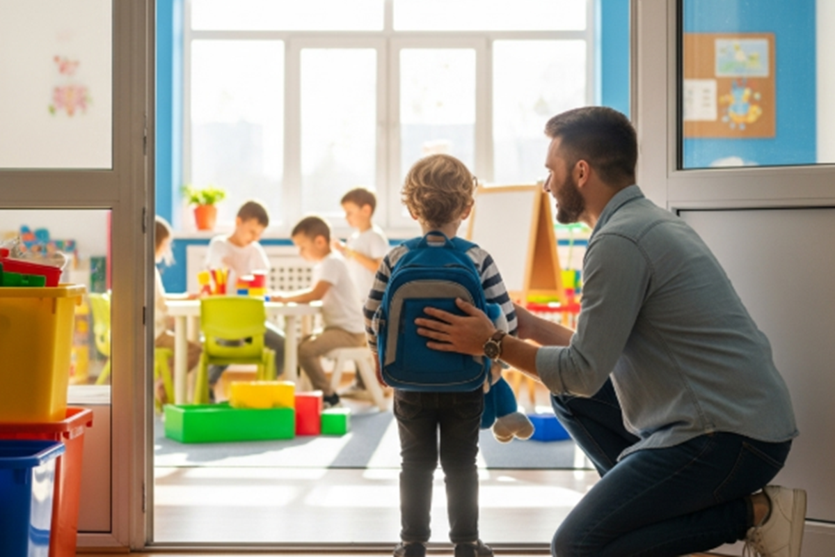Un papa déposant son enfant à la maternelle