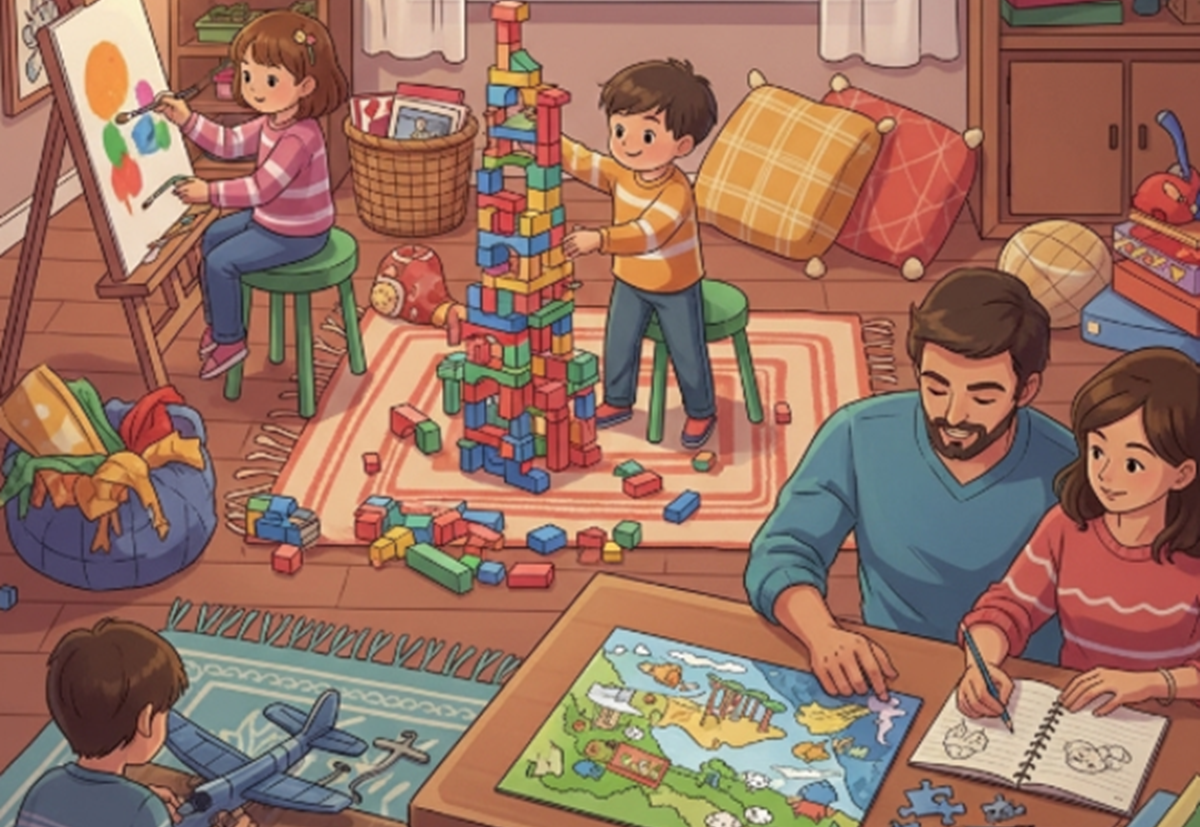 Une famille faisant des activités d’intérieur