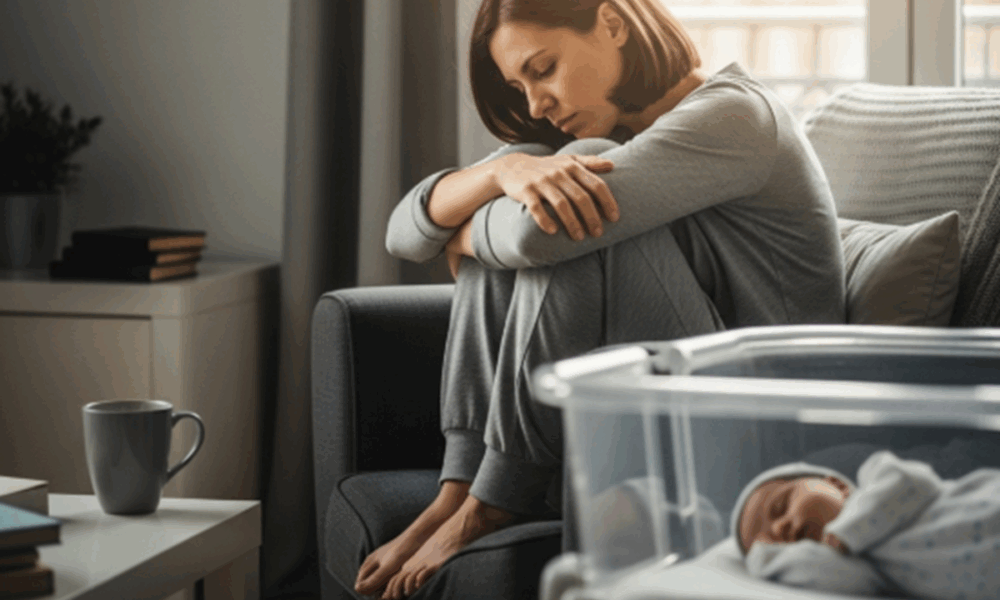 Une maman assise à côté de son bébé