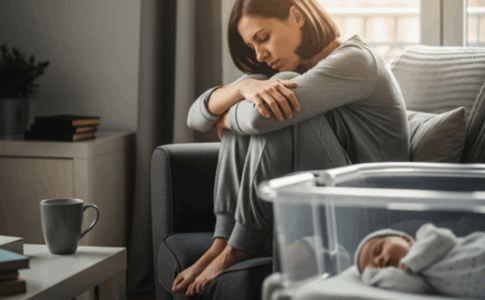 Une maman assise à côté de son bébé