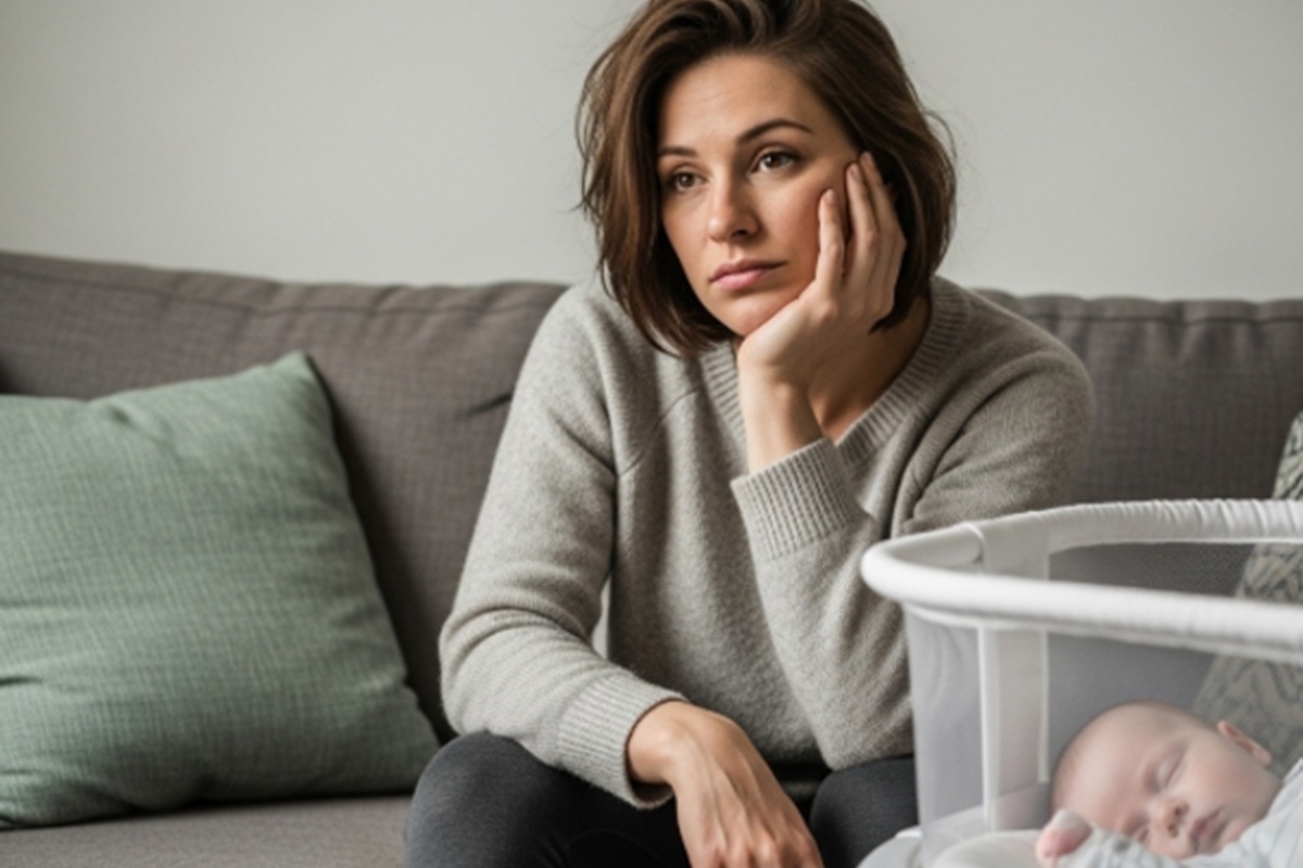 Post-partum : une maman pensive à côté de son bébé endormi