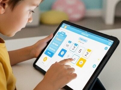 Un enfant utilise une tablette pour apprendre avec une application éducative