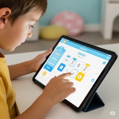Un enfant utilise une tablette pour apprendre avec une application éducative