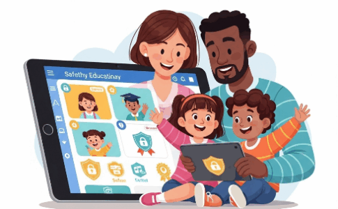 Famille utilisant une application éducative sécurisée sur tablette avec contrôle parental