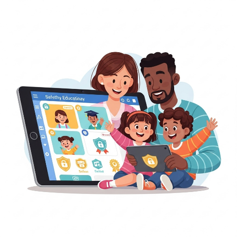 Famille utilisant une application éducative sécurisée sur tablette avec contrôle parental