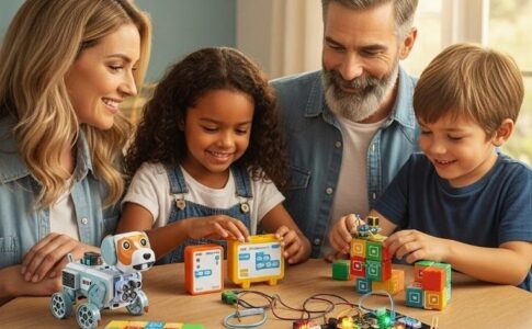Famille découvrant ensemble les jouets éducatifs STEM et la robotique