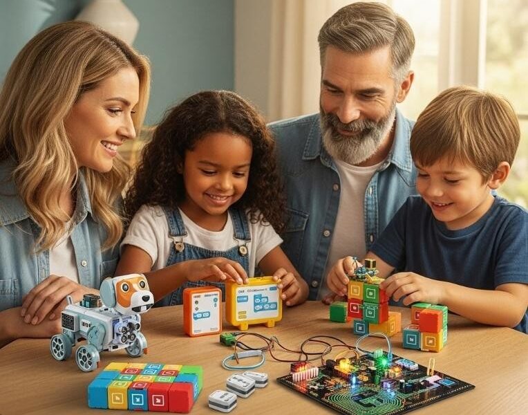 Famille découvrant ensemble les jouets éducatifs STEM et la robotique