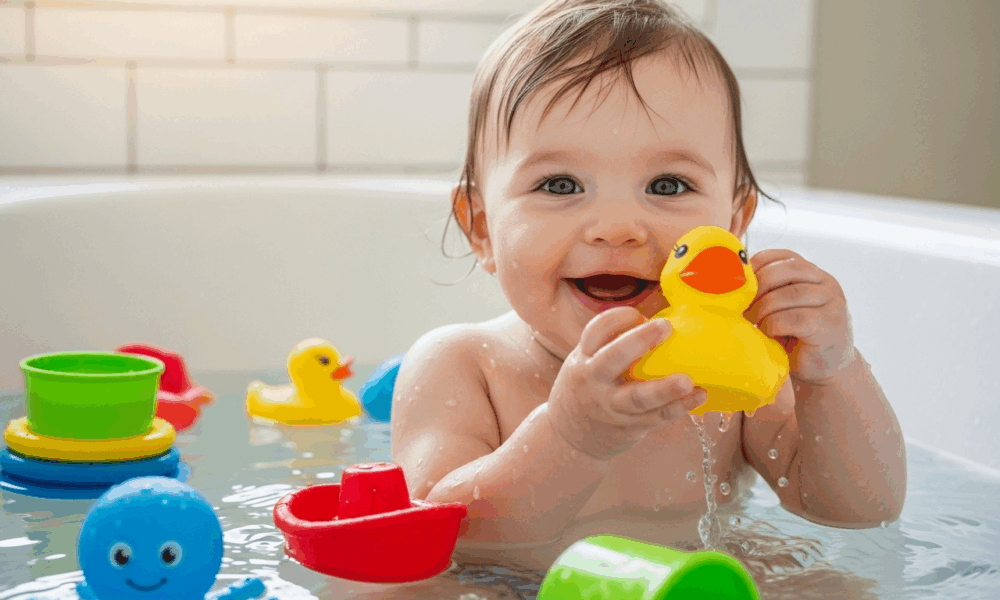 Bébé souriant jouant avec des jouets colorés dans son bain