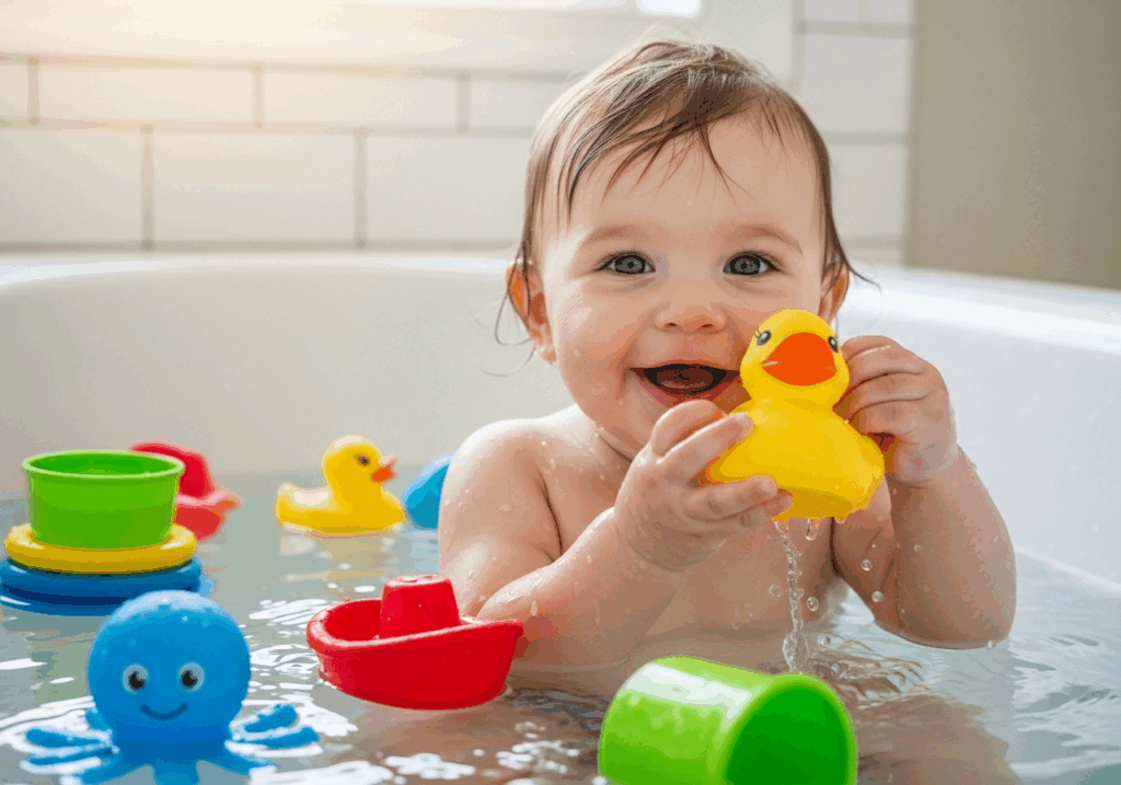 Bébé souriant jouant avec des jouets colorés dans son bain