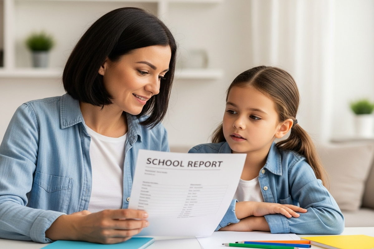 Une maman et sa fille qui regarde le bulletin scolaire