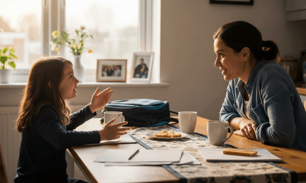Parent et enfant partageant un moment de dialogue familial bienveillant après l'école dans un cadre chaleureux