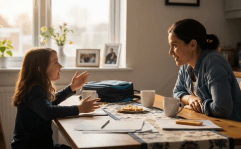 Parent et enfant partageant un moment de dialogue familial bienveillant après l'école dans un cadre chaleureux