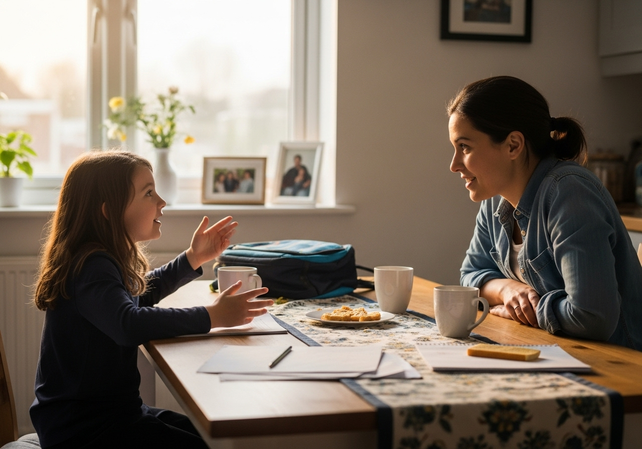 Parent et enfant partageant un moment de dialogue familial bienveillant après l'école dans un cadre chaleureux