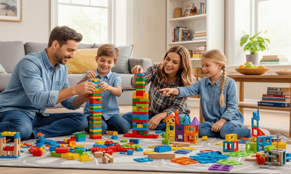 Famille construisant ensemble avec jeux de construction - développement cognitif enfants