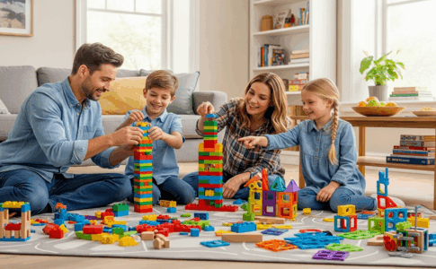 Famille construisant ensemble avec jeux de construction - développement cognitif enfants