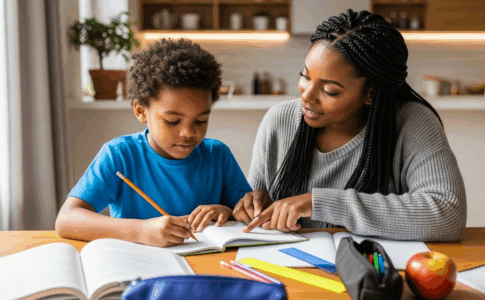 Parent accompagnant enfant pour réussite scolaire dans espace travail