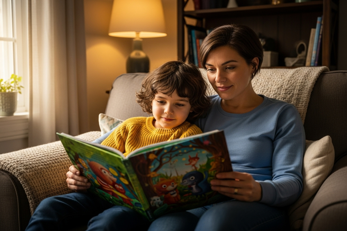 Lecture pour enfant dans un salon lumineux