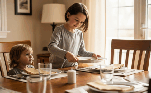 Enfant aîné développant son autonomie et ses responsabilités en aidant avec bienveillance dans la famille
