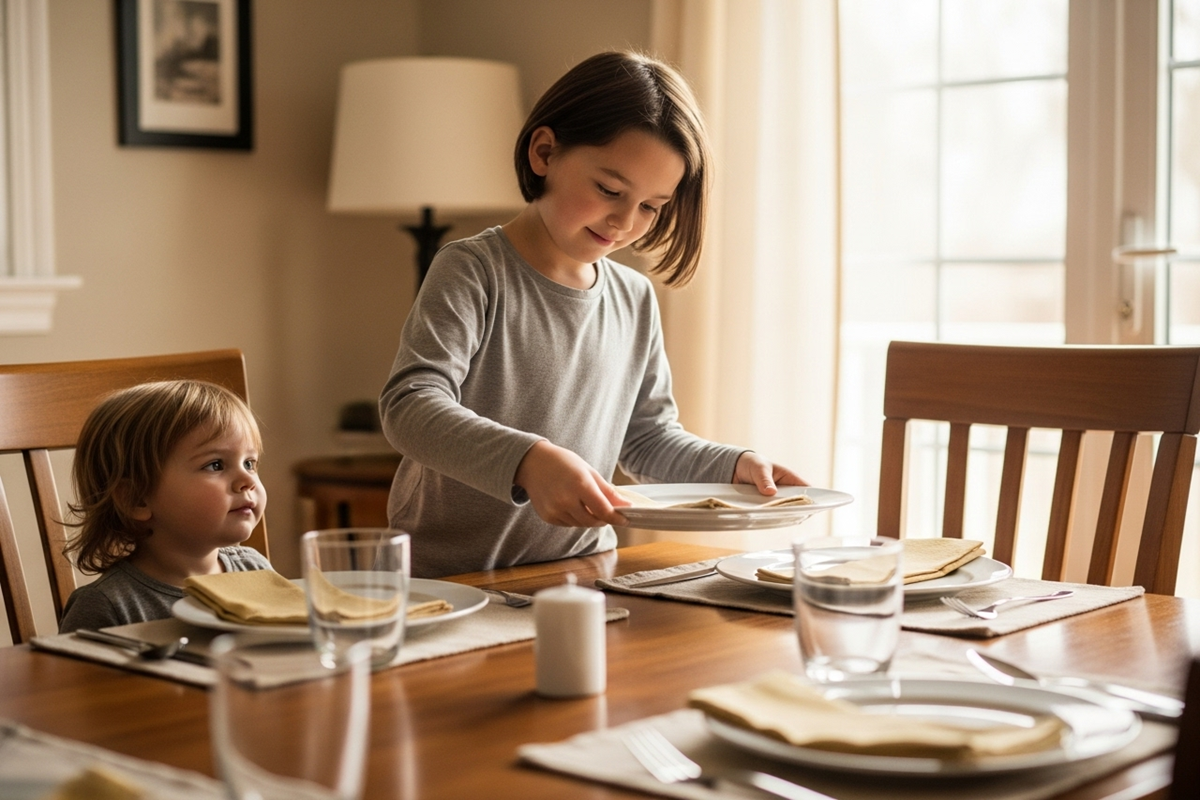 Enfant aîné développant son autonomie et ses responsabilités en aidant avec bienveillance dans la famille 