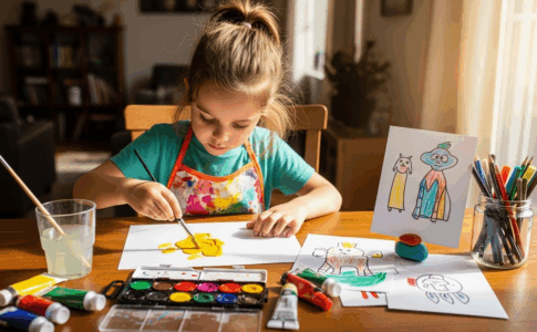 Enfant réalisant une activité créative à la maison