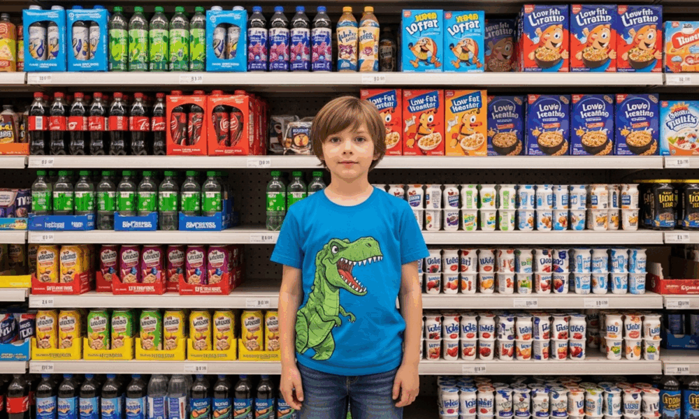 enfant devant des produits industriels contenant du sucre caché comme sodas, céréales et yaourts