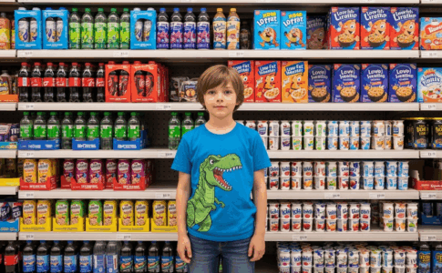 enfant devant des produits industriels contenant du sucre caché comme sodas, céréales et yaourts