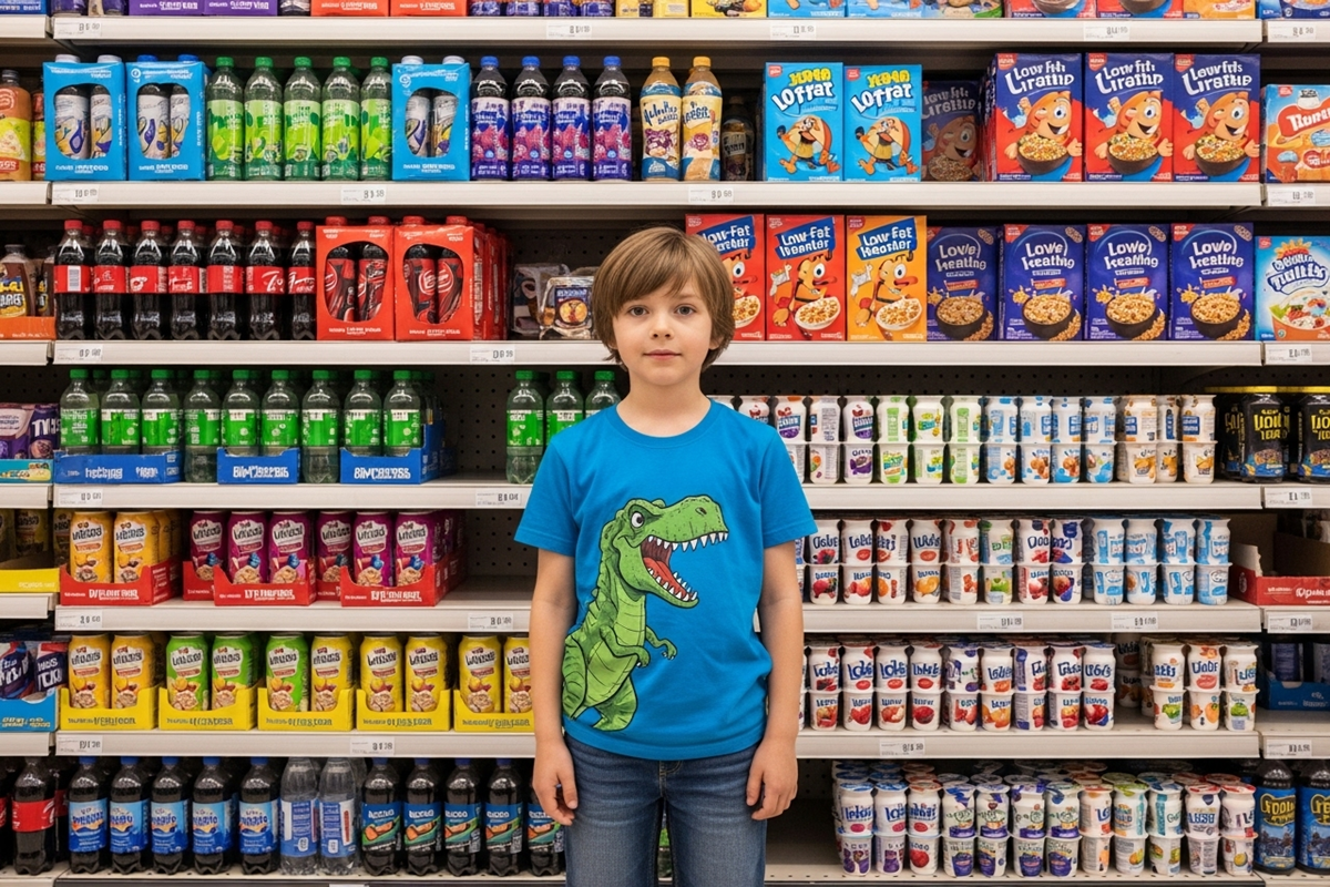 enfant devant des produits industriels contenant du sucre caché comme sodas, céréales et yaourts