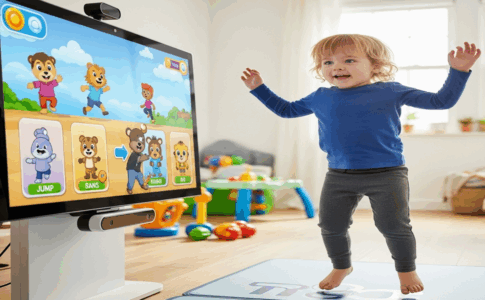 Enfant développant sa motricité avec console interactive de mouvement
