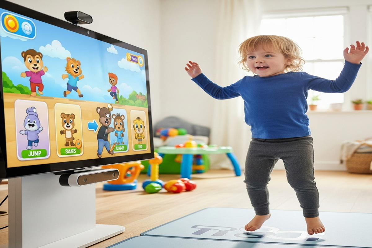 Enfant développant sa motricité avec console interactive de mouvement