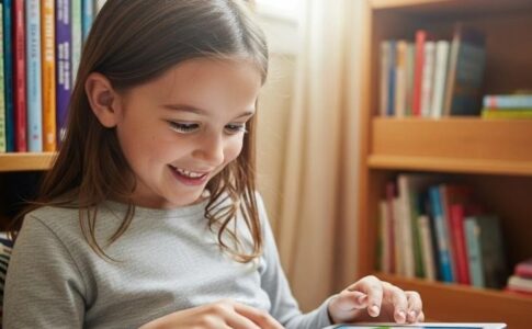 Enfant utilisant une application lecture sur tablette pour accéder à sa bibliothèque numérique