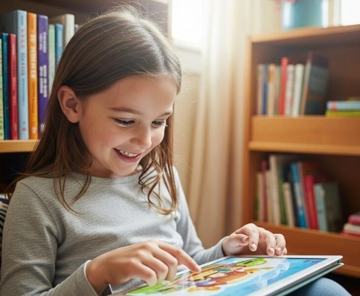 Enfant utilisant une application lecture sur tablette pour accéder à sa bibliothèque numérique
