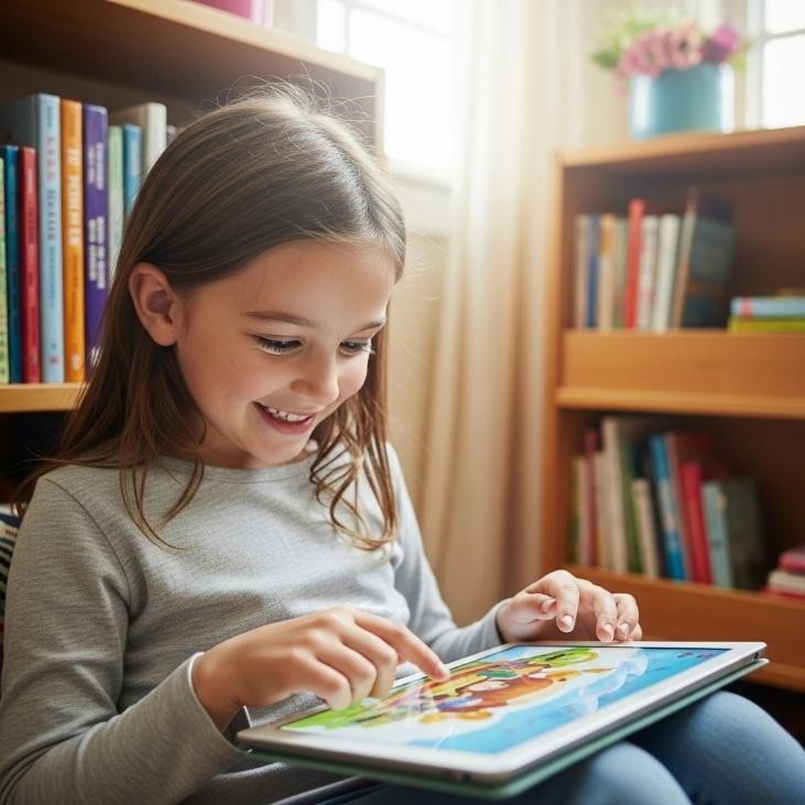 Enfant utilisant une application lecture sur tablette pour accéder à sa bibliothèque numérique