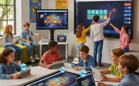 Enfants utilisant des outils d'intelligence artificielle éducatifs sécurisés dans un environnement d'apprentissage modern