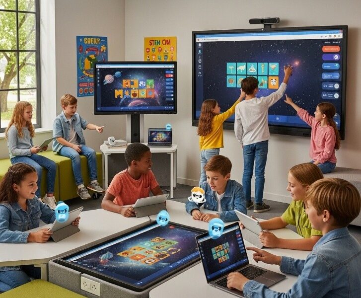 Enfants utilisant des outils d'intelligence artificielle éducatifs sécurisés dans un environnement d'apprentissage modern