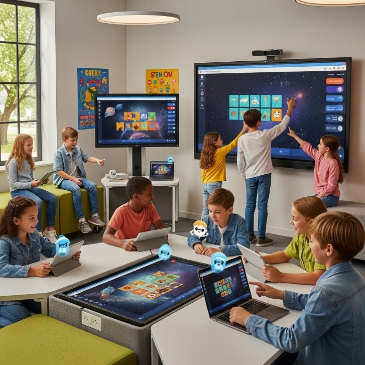 Enfants utilisant des outils d'intelligence artificielle éducatifs sécurisés dans un environnement d'apprentissage modern