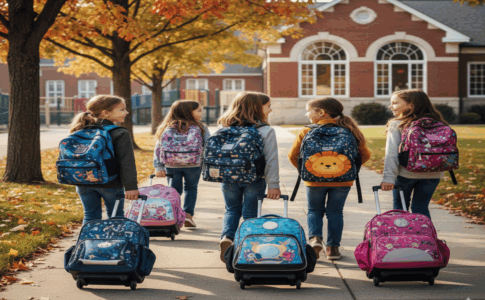 Enfants avec cartables à roulettes et sacs à dos