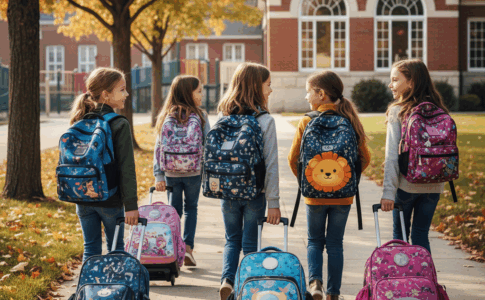 Enfants avec cartables à roulettes et sacs à dos