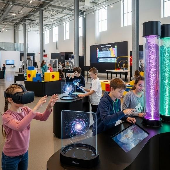 Enfants découvrant les sciences grâce aux expériences immersives et technologies interactives dans un musée moderne