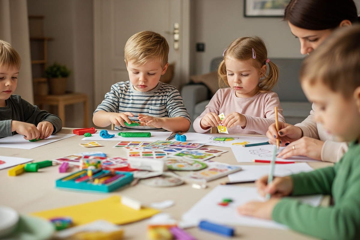 Groupe d'enfants développant créativité et motricité à travers diverses activités manuelles collaboratives 
