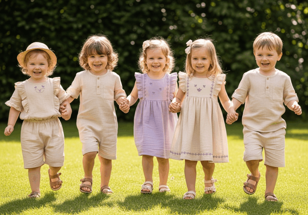 Enfants portant des tenues couleurs pastel